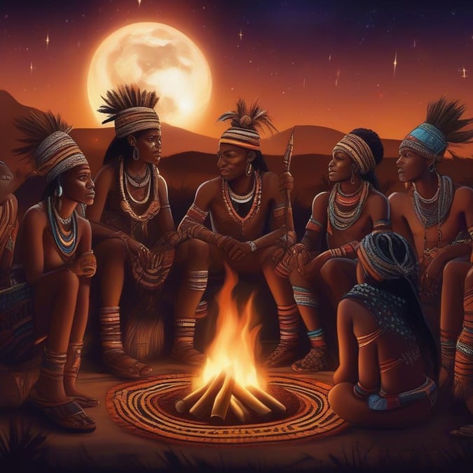 A group of Native Americans sitting around a campfire, sharing stories and enjoying the warmth as the moon rises in the sky above them.