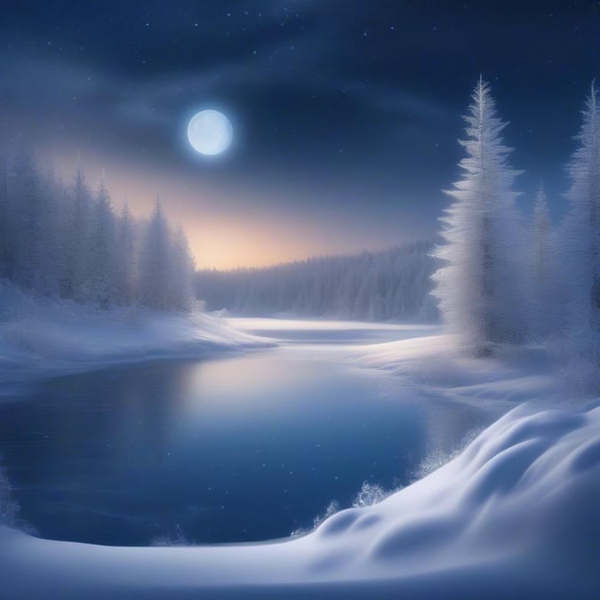 A serene winter scene with snow-covered trees along the riverbank, illuminated by the glow of a full moon.