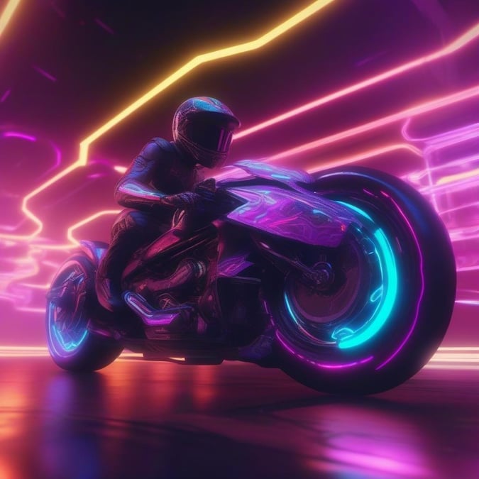 This futuristic motorcycle is equipped with neon lights that make it stand out in the dark.