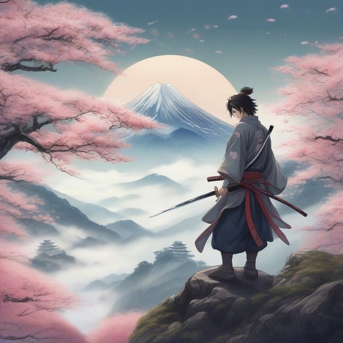 Dieser Anime-Hintergrund zeigt einen jungen Samurai, der auf einem Berg steht und die atemberaubende Aussicht betrachtet. Der neblige Wald im Hintergrund verleiht Tiefe und Geheimnis, während die Kirschblütenbäume im Vordergrund ein Gefühl von Ruhe schaffen.