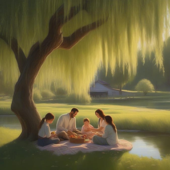 This image captures the essence of an American family celebrating Independence Day. The family, consisting of a father, mother, daughter, son, and their baby grandchild are enjoying a picnic together under a weeping willow tree. They're sitting on a blanket spread out on lush green grass, with various food items scattered before them, including an apple pie that's likely homemade. The serene setting is enhanced by the beautiful golden sunlight filtering through the branches of the willow, casting long shadows and creating a warm, inviting atmosphere. This image evokes feelings of togetherness, relaxation, and the simple joy of spending time with loved ones on this national holiday.