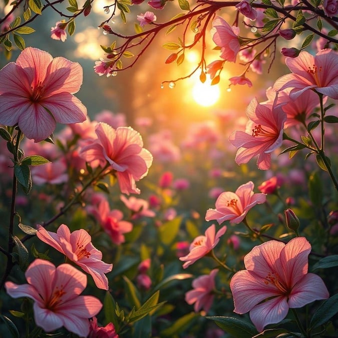 A beautiful sunset in a garden with pink flowers and green leaves, perfect for desktop and mobile use.