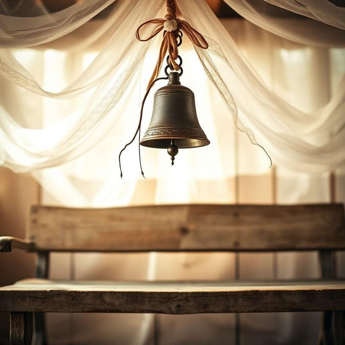 This beautiful wallpaper captures the essence of a wedding, with a bell hanging from a wooden table, surrounded by delicate white curtains. The image is perfect for desktop and mobile use, and is sure to add a touch of elegance to any device.