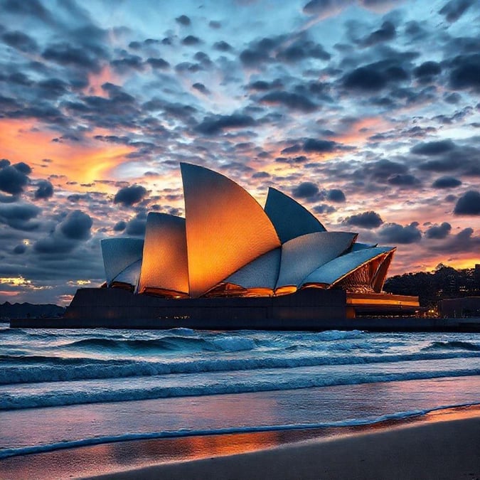 Experience the magic of the iconic Sydney Opera House as it lights up for a spectacular sunset. This famous landmark, known for its unique architecture and cultural significance, stands out beautifully against the stunning sky. A timeless beauty that brings culture to life under the warm glow of dusk.