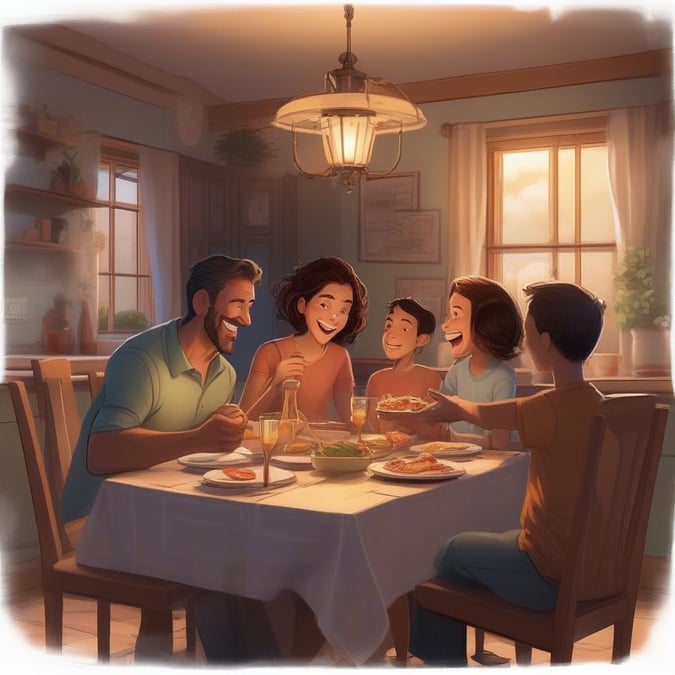 A heartwarming illustration of a family gathered around the dinner table, sharing laughter and joy on Father's Day.