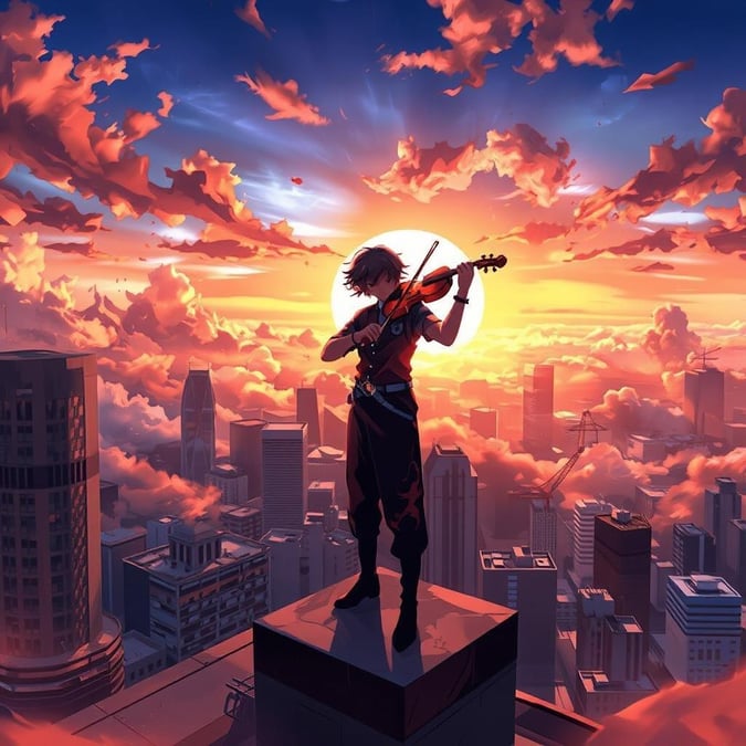 A stunning anime-style illustration of a violinist standing on a skyscraper's rooftop, set against a breathtaking sunset sky with clouds and a bright sun.