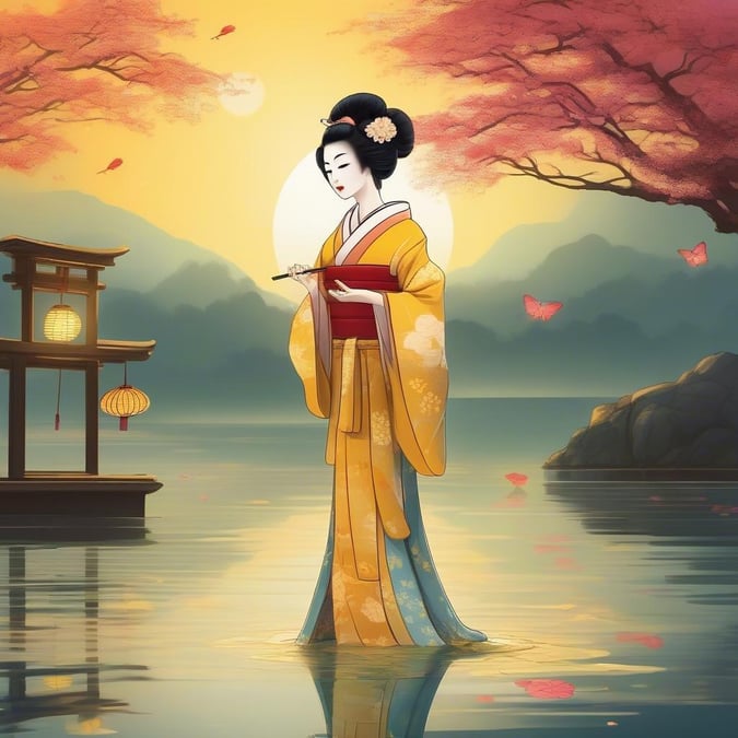 A geisha stands poised on the edge of a serene lake, surrounded by nature's beauty. In the backdrop, blooming lotus flowers add to the tranquil ambiance, while a red flower near the geisha adds a pop of color. The scene is set under a clear sky with a bright yellow light illuminating the scene.