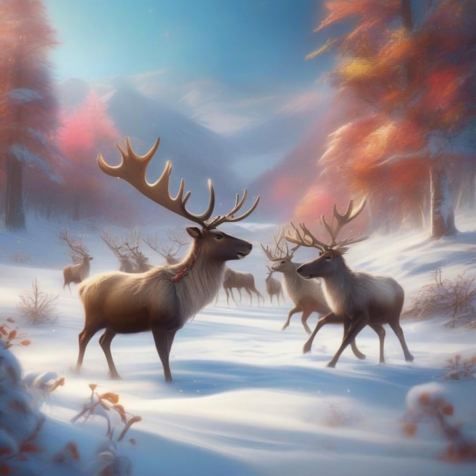 A peaceful Christmas morning where the deer have come together to help Santa decorate his tree, in a magical forest with snow-covered trees.