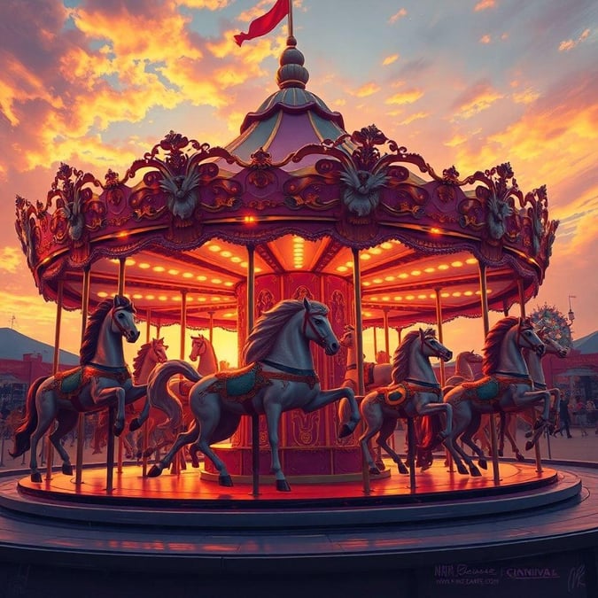 Step into the magic of the carnival with this vibrant, enchanting scene that captures the joy and excitement of a sunset ride on a classic merry-go-round.