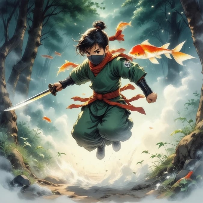 This anime-style wallpaper features a young ninja in a dynamic pose, leaping across a misty forest clearing. The ninja is equipped with a glowing katana and a red and yellow patterned scarf, while holding a small koi fish. The background is a blur of green foliage and a dark sky, creating an enchanting atmosphere.