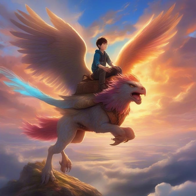 A young anime protagonist soars into the sky with his majestic phoenix by his side, embodying courage and adventure.