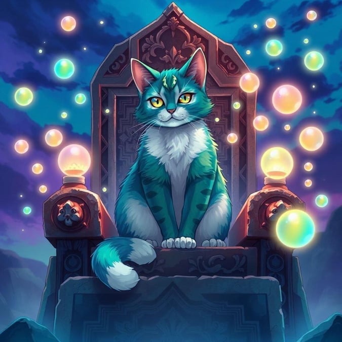 Dieser wunderschöne Anime-Hintergrund zeigt eine majestätische Katze, die auf einem Thron sitzt, umgeben von leuchtenden Kugeln. Das Fell der Katze ist eine atemberaubende Mischung aus Grün und Blau, was ihr ein überirdisches Aussehen verleiht.