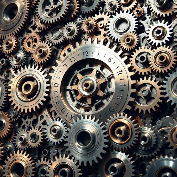 This image showcases an intricate industrial gear mechanism, a testament to human ingenuity and precision engineering. The gears, crafted from metal, are meticulously arranged to create a visually striking pattern that highlights the beauty of mechanical complexity.