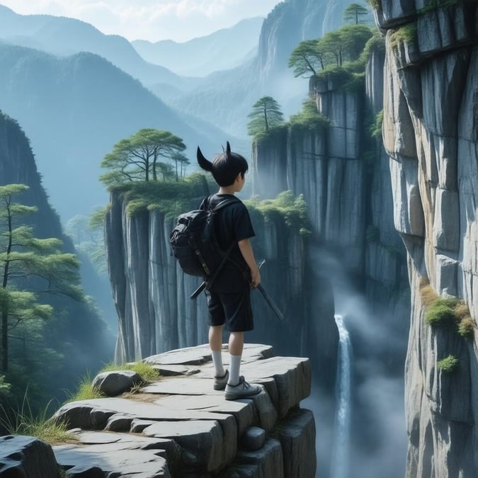 Dieser Anime-Hintergrund zeigt einen jungen Samurai, der am Rand eines Bergkliffs steht und nach links schaut. Der Samurai trägt ein schwarzes T-Shirt und schwarze Shorts, mit einem schwarzen Rucksack auf dem Rücken. Die Klippe ist mit grünen Algen und Steinen bedeckt, und dahinter stehen Bäume. Oben auf der Klippe gibt es eine dicke Nebelschicht, und aus dem unteren Teil des Bildes fließt ein kleiner Wasserlauf.