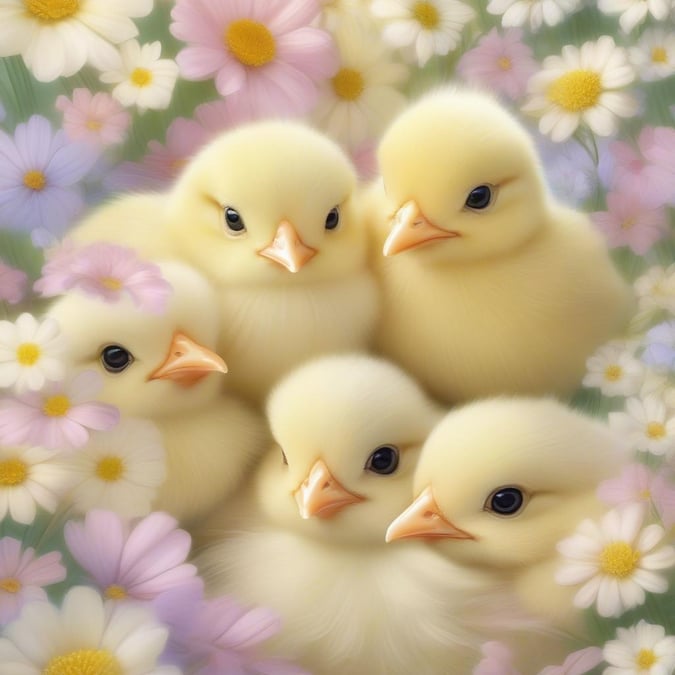 A tender scene of five newborn chicks huddled together in a garden blooming with springtime flowers, reminiscent of the first signs of spring and the joyful arrival of new life during Easter.