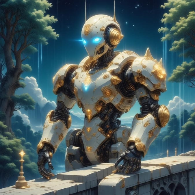 Immerse yourself in the world of anime with this stunning robot wallpaper, featuring intricate patterns and a glowing blue face.