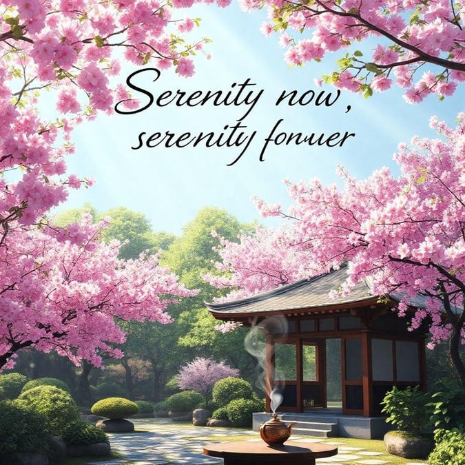 A tranquil scene with inspiring quotes, 'Now', 'Forever' and a view of a Japanese temple amidst blooming cherry blossoms.