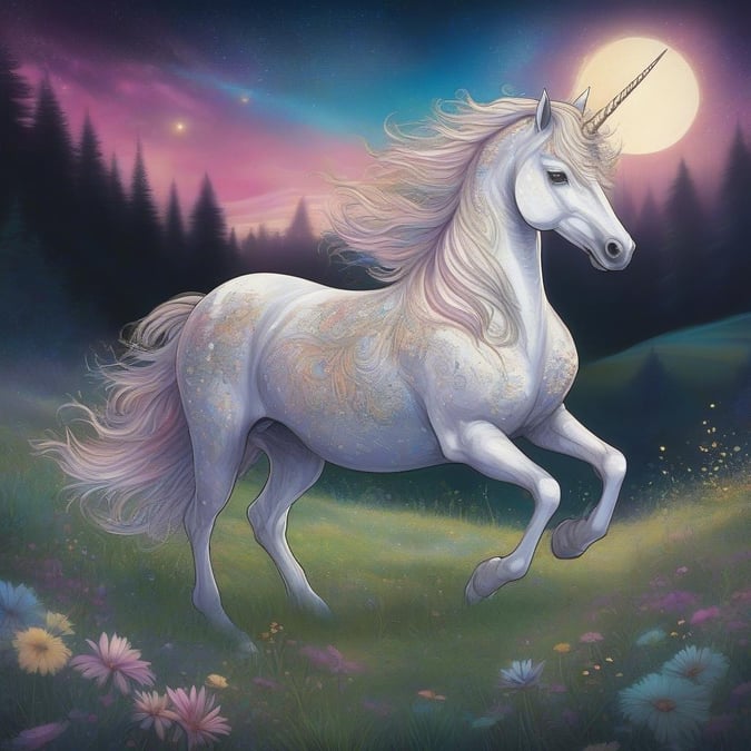 This enchanting wallpaper features a majestic unicorn set against the serene backdrop of a full moon. The unicorn's ethereal beauty is captured in stunning detail, making it a perfect addition to any room.