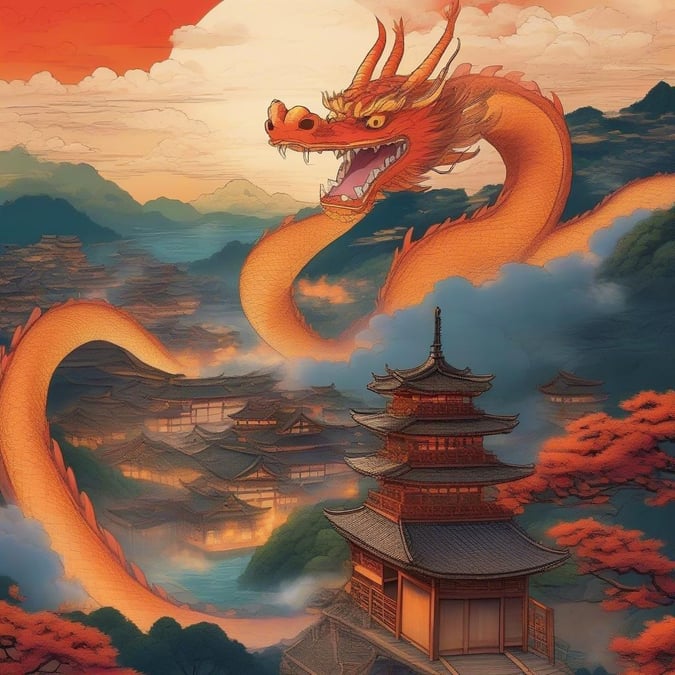 This anime-style illustration showcases a serene scene of a dragon soaring over a traditional Japanese village, set against a backdrop of smoke and vibrant colors.