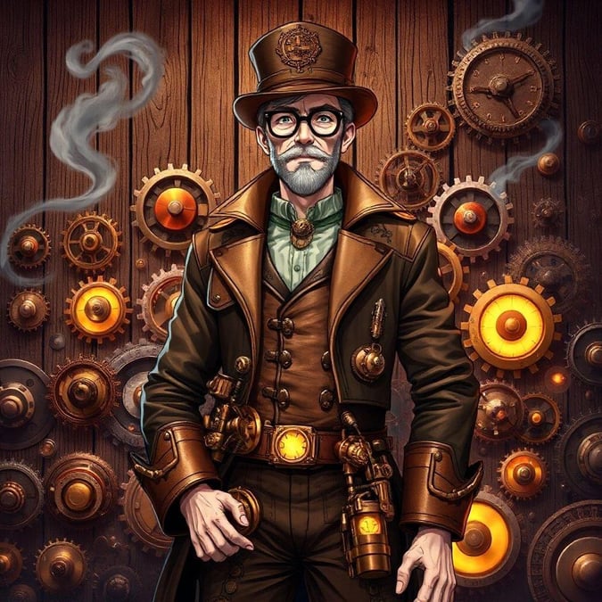 Immerse yourself in the captivating world of steampunk with this anime-inspired wallpaper, featuring a detailed digital illustration of an inventor surrounded by intricate gears and machinery.