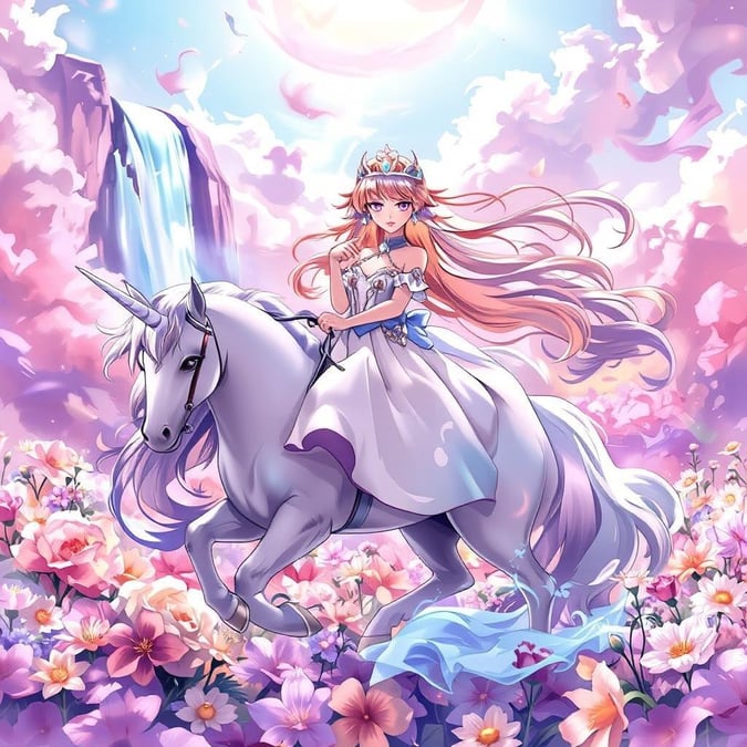 A beautiful anime illustration of a princess riding a unicorn through a colorful field, set against a soft pink and purple background.