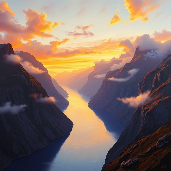 Sunset over towering mountain peaks, with a serene fjord valley below.