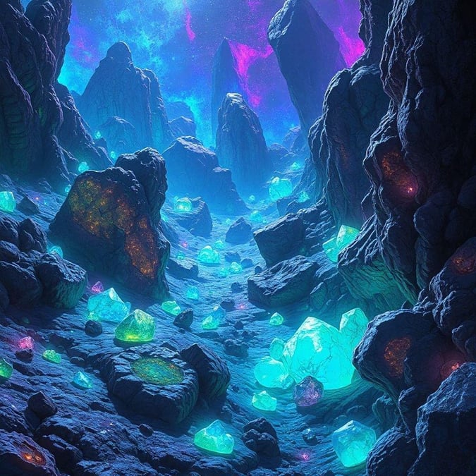 Immerse yourself in this breathtaking fantasy realm, where vibrant crystals and mysterious rocks create a captivating landscape.