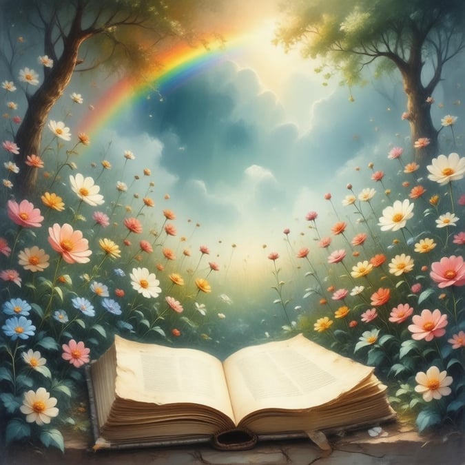 A tranquil scene set in an ethereal garden filled with vibrant flowers in a rainbow of colors. The book on the ground hints at a story waiting to be told.