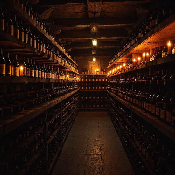 A rustic wine cellar with rows of bottles, lit by candlelight. The perfect setting for a cozy evening or an intimate gathering.