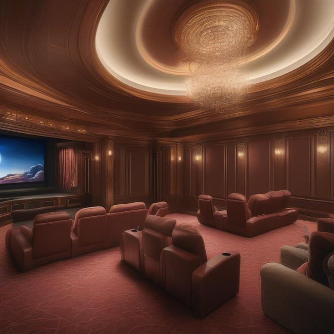 Une salle de cinéma à domicile luxueuse avec des sièges inclinables faisant face à un grand écran. La pièce est bien éclairée et accueillante pour une expérience cinématographique immersive.