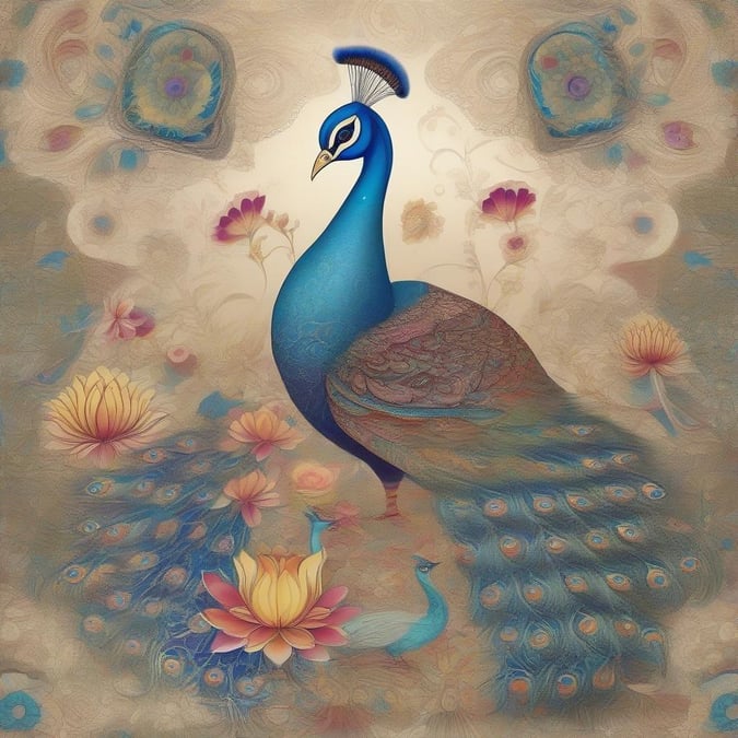 A majestic peacock strutting with pride, set against a serene backdrop of flowers, symbolizing the festive spirit of Diwali. Bring this vibrant celebration to your desktop.