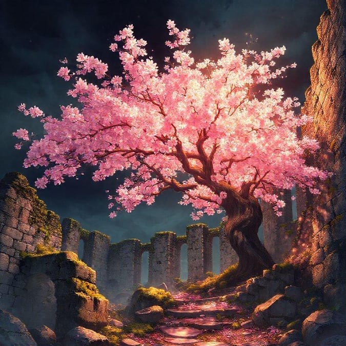 Experience the serene beauty of an Anime cherry blossom tree, set against the backdrop of a medieval castle's ruins. The warm light and dark background create an ethereal atmosphere, perfect for desktop and mobile wallpapers.