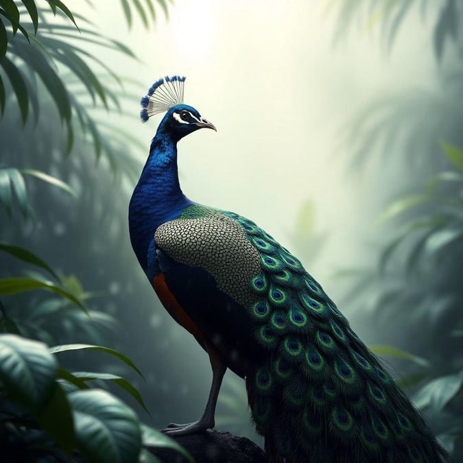 Experience the majesty of this peacock perched atop a verdant hill, surrounded by misty foliage. The vibrant feathers stand out against the serene backdrop of nature.