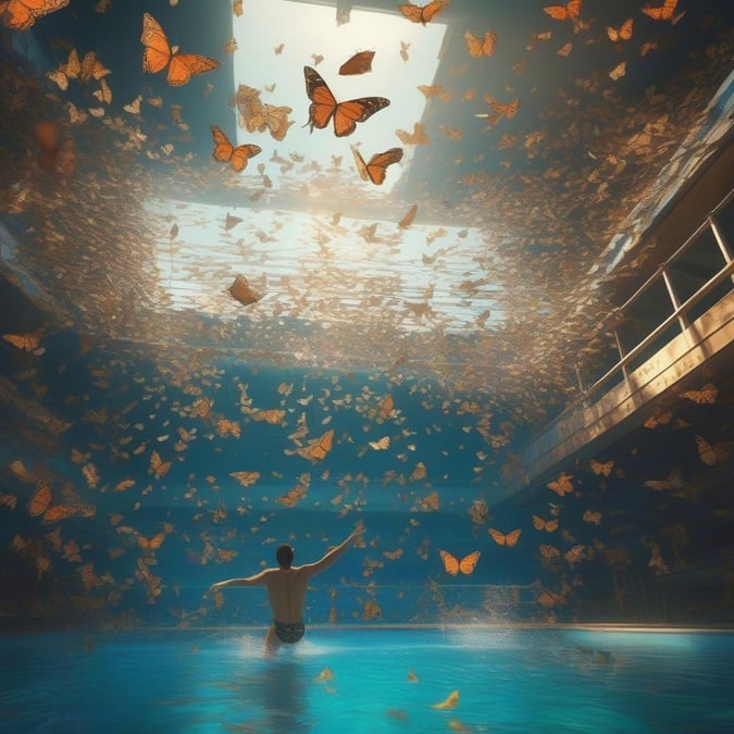 Experience the wonder of butterflies breaking free from their chrysalises in an Olympic-sized pool, as you watch from the calm center. This transformative scene is a celebration of nature's beauty and freedom.