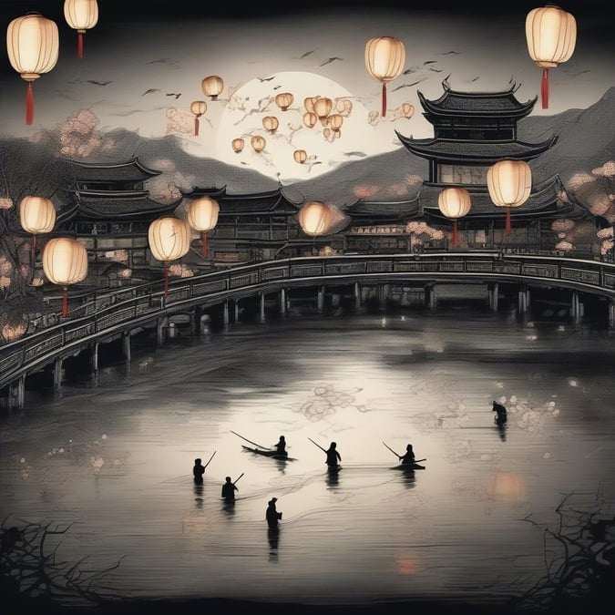 A serene scene of Chinese lanterns floating on the water, illuminating the tranquil night with their warm glow. People in boats celebrate the beauty and prosperity of a new year.