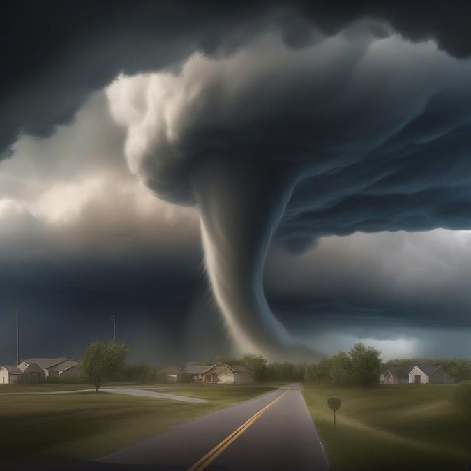 A dramatic scene capturing the intensity of an approaching storm. The sky is filled with dark, swirling clouds that portend the power of nature about to unleash a tornado. Power lines stretch into the distance, and homes peek out from behind trees. This image could be for a mobile or desktop wallpaper, under the category of 'Weather & Sky'