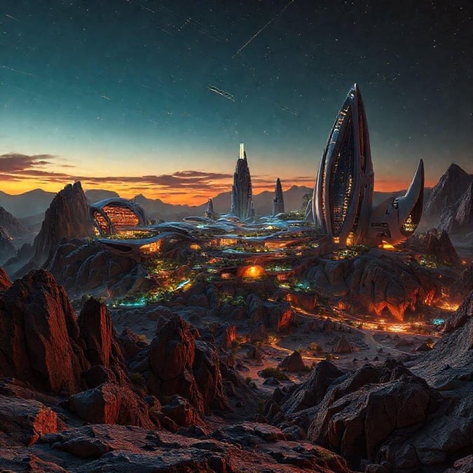 This futuristic settlement unfolds in an extraterrestrial desert landscape, bathed in the soft glow of alien sunset. The architecture is sleek and modern, featuring large domes that reflect the sky's luminescence. A central spire rises amidst smaller structures, all interconnected with curved pathways that invite exploration.