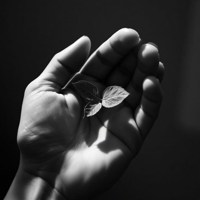 In the serene black and white world, a solitary leaf finds its home in a gentle hand. This moment encapsulates the beauty of simplicity and the harmony between nature and humanity.