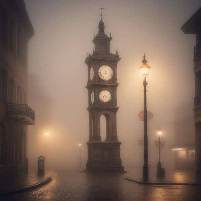 A vintage scene with a clock tower amidst the fog, giving off a nostalgic atmosphere.