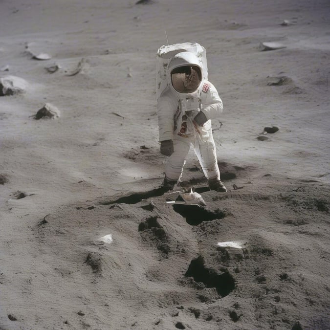 An astronaut exploring the surface of the moon, with a small crater nearby.