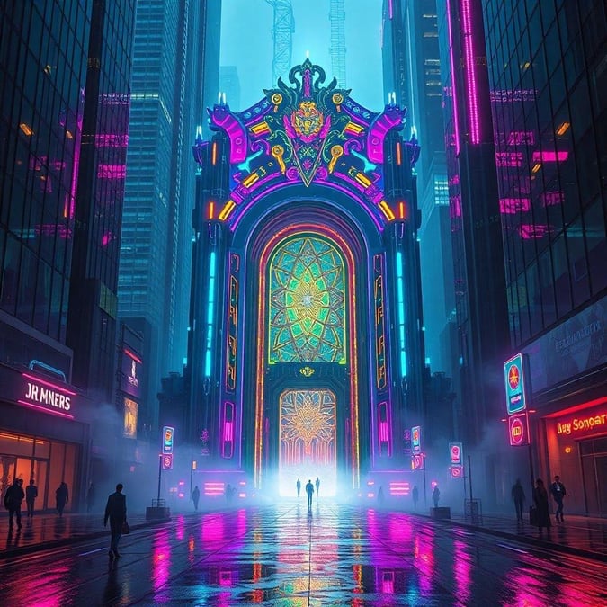 Immerse yourself in the vibrant world of neon and cyberpunk with this stunning cityscape wallpaper. The futuristic architecture and neon lights create a captivating atmosphere that's perfect for any desktop or mobile device.