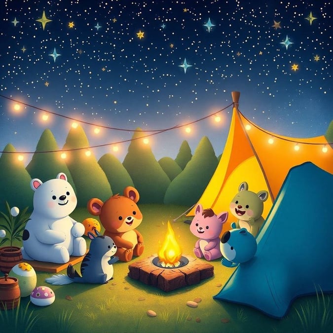 Join our adorable group of cuddly friends on a cozy nighttime camping trip. Snuggle up around the warm glow of the campfire and enjoy some s'mores under the starlit sky. A perfect adventure for all ages! 🔥🐻🐼🦊