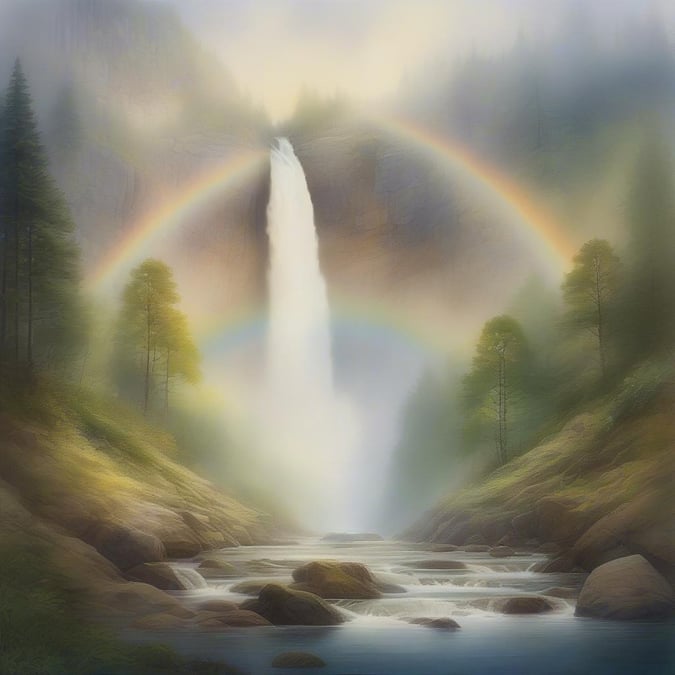 A serene, mist-filled forest scene featuring a cascading waterfall and a beautiful rainbow in the sky.