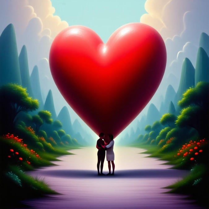 This illustration captures the spirit of Valentine's Day with a heart as a symbol of love. Two characters stand together in an enchanted forest, sharing a tender moment that highlights the purity and warmth of romantic affection.