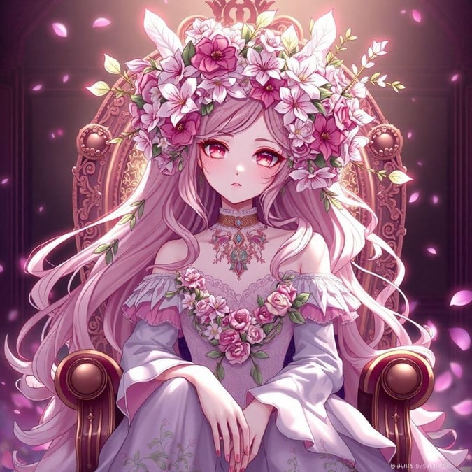 Get ready to be enchanted by the beautiful queen of the fawns, sitting regally on her throne, surrounded by a whimsical world of flowers and leaves. This stunning anime wallpaper is perfect for desktop and mobile use, bringing a touch of magic to your digital life.