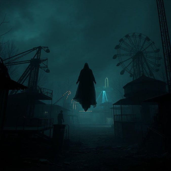 A mysterious, abandoned amusement park on a dark night, with an ethereal figure floating above the ground. This scene is straight out of a horror movie, invoking feelings of eeriness and supernatural intrigue.