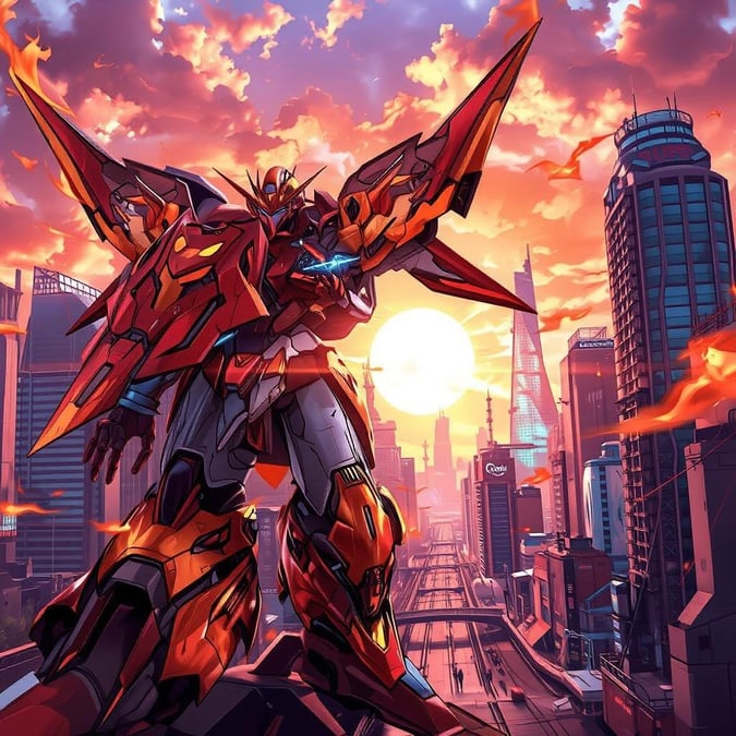 This stunning wallpaper features a detailed digital illustration of a futuristic cityscape at sunset, with a vibrant, colorful mecha as the focal point. The mecha's intricate patterns and large red and orange body are set against a bustling city with tall buildings and a bright sky, capturing a sense of motion and energy.