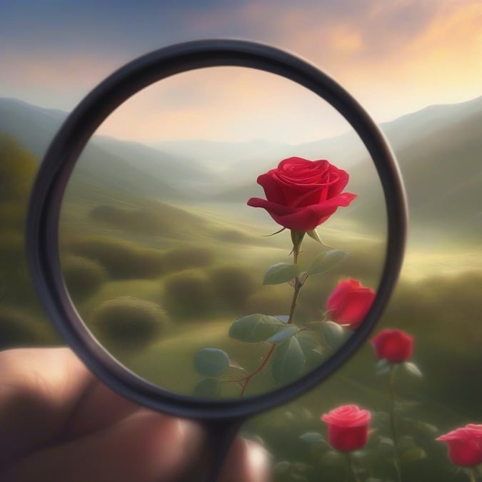 A stylized scene featuring a magnifying glass focusing on a red rose with lush greenery in the background, celebrating the essence of love and fresh starts. This wallpaper is ideal for those who embrace new beginnings and find solace in nature's beauty.