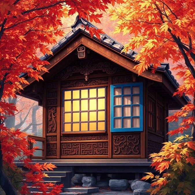 Immerse yourself in the serene beauty of this anime-style tea house, surrounded by the vibrant hues of autumn. The intricate wooden carvings and large window with a blue frame create a sense of tranquility, inviting you to step into a moment of peacefulness in nature.