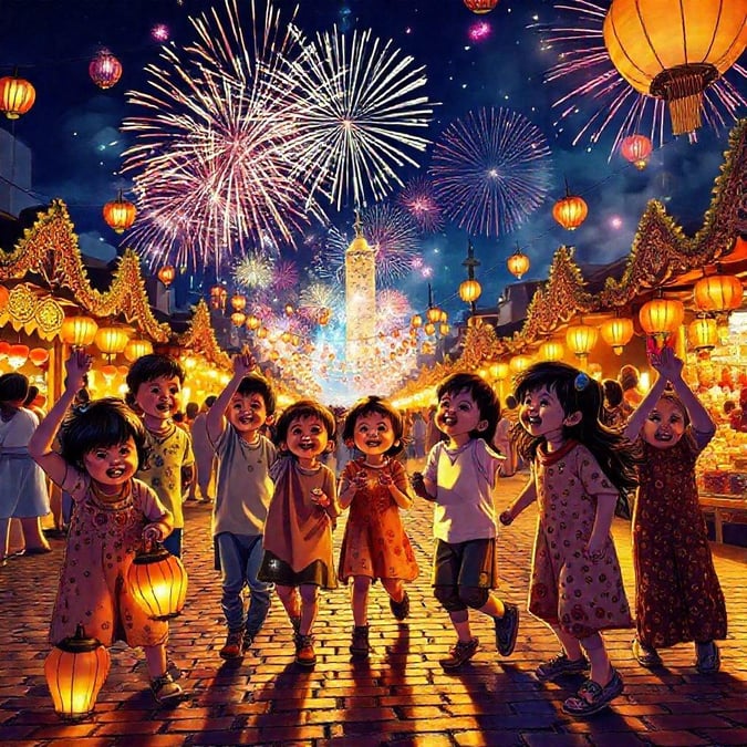 Children enjoying the joyous festivities with fireworks and lanterns during Eid celebrations in a bustling market.